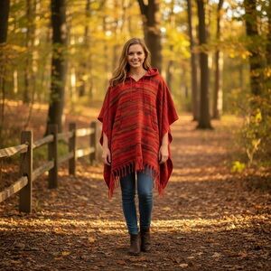 Women's Red Striped Wool Poncho Made in Nepal OSFA